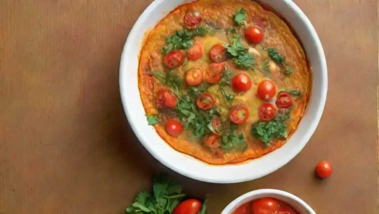 Omelet de garbanzos vibrante con hierbas frescas, aguacate cremoso y salsa, en un ambiente cálido y acogedor