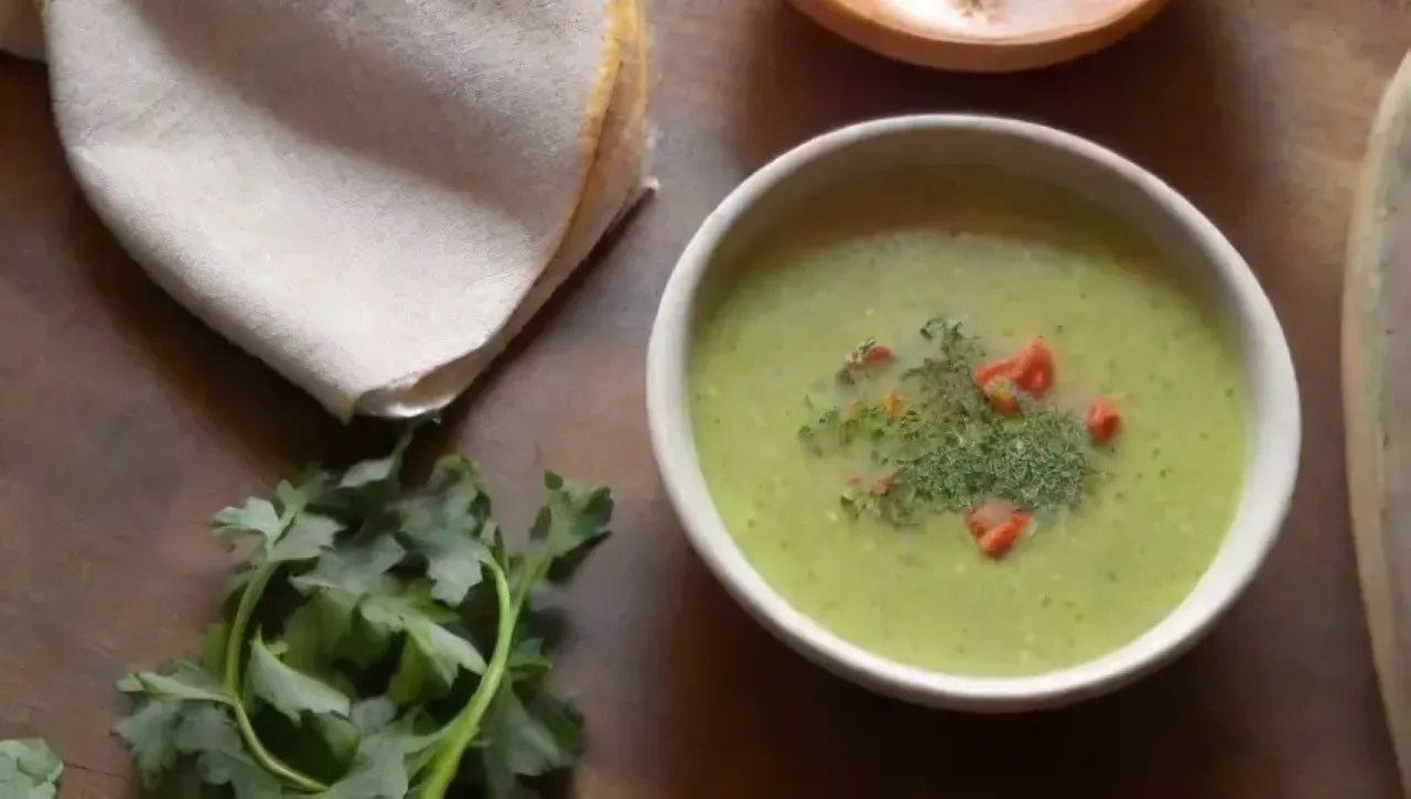 Un festín visual de habas verdes, sopa cremosa y un ambiente acogedor en una cocina rústica