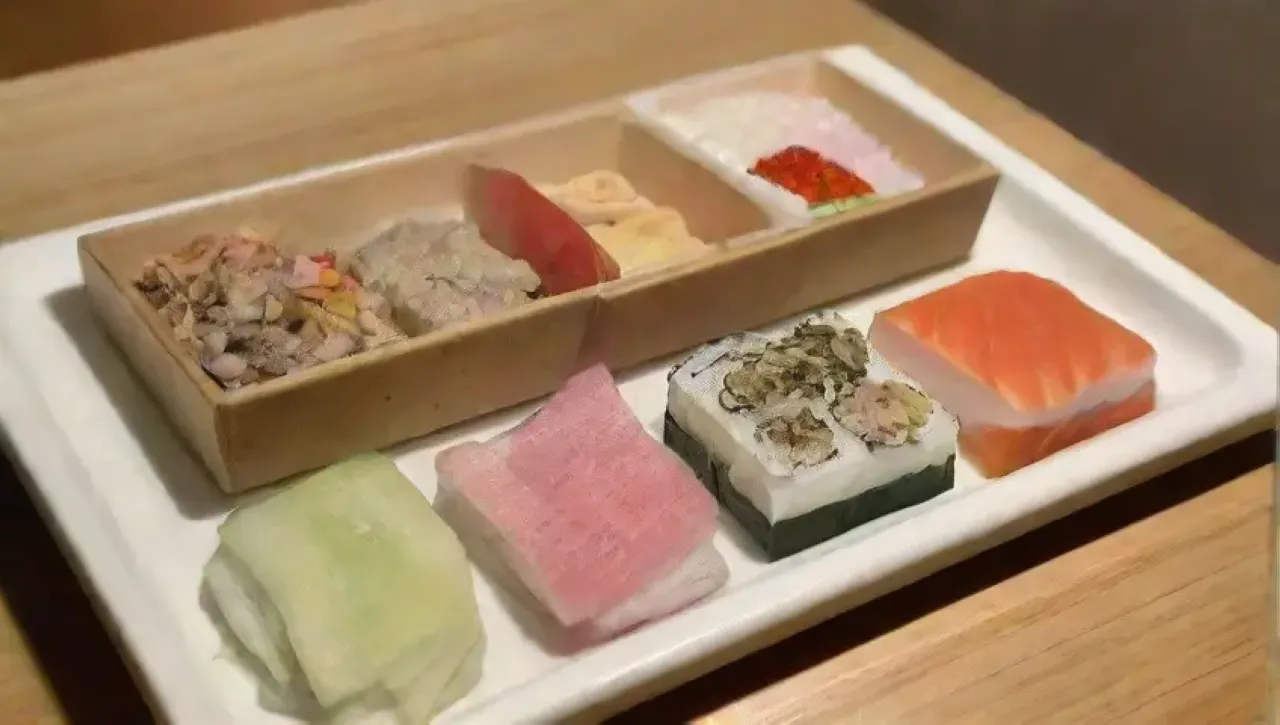 Una cocina vibrante con luz solar, ingredientes frescos y sushi recién hecho
