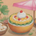 Postres vietnamitas coloridos con frutas tropicales y arroz pegajoso