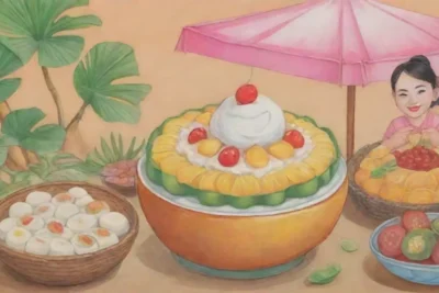 Postres vietnamitas coloridos con frutas tropicales y arroz pegajoso