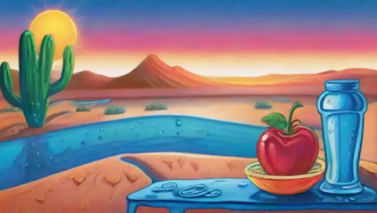 Un paisaje desértico vibrante con agua, frutas y energía, simbolizando la vida y la hidratación
