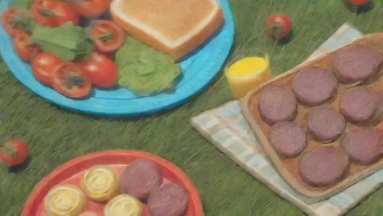 Un alegre picnic familiar con hamburguesas, ensaladas y risas bajo un cielo azul
