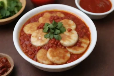 Deliciosos pastelillos de arroz picantes con salsa roja y verduras frescas