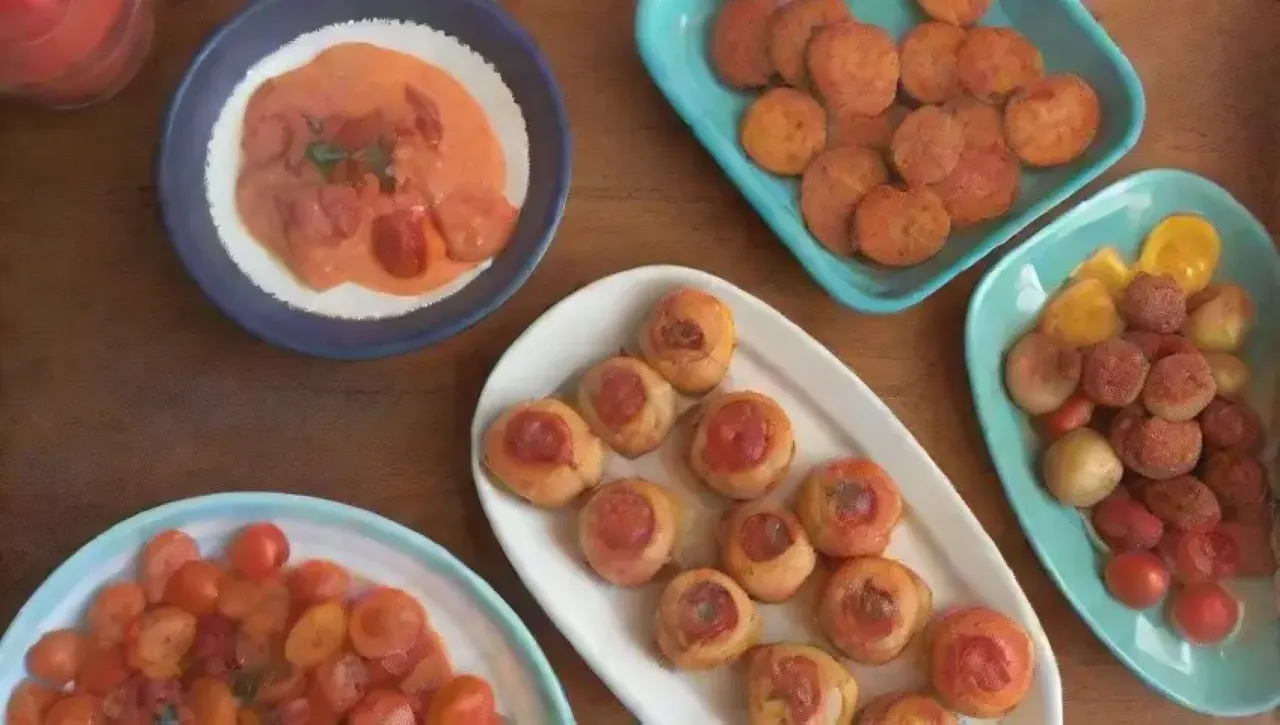Una mesa de madera decorada con tapas coloridas, sangría y un ambiente acogedor
