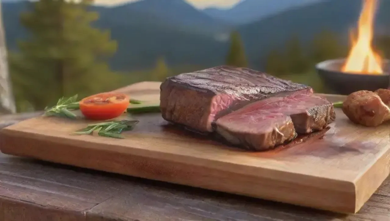 Una mesa rústica al aire libre, con un jugoso steak, vino y risas entre amigos
