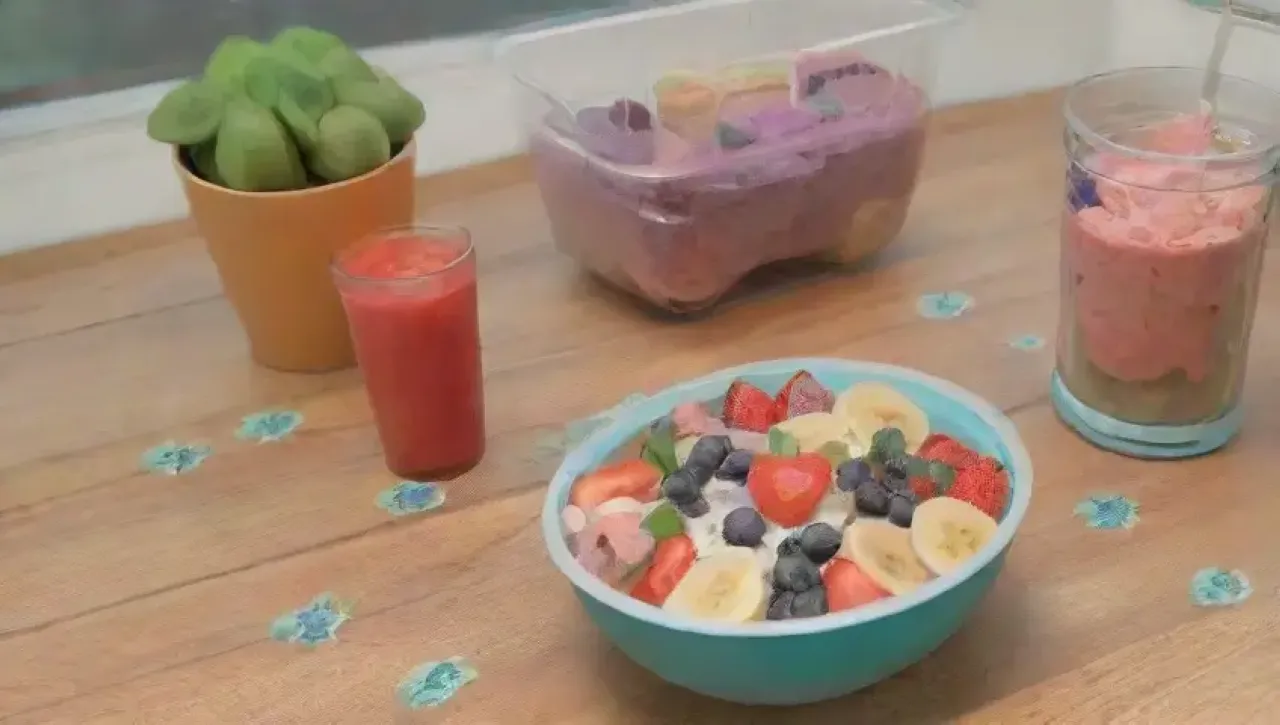 Un colorido y saludable batido de frutas en un ambiente alegre y soleado