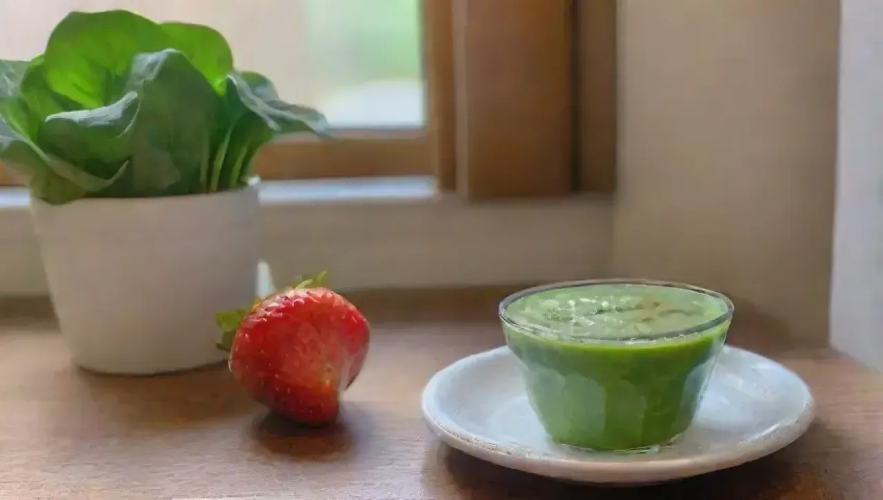 Batido verde vibrante en un vaso con frutas y un ambiente acogedor