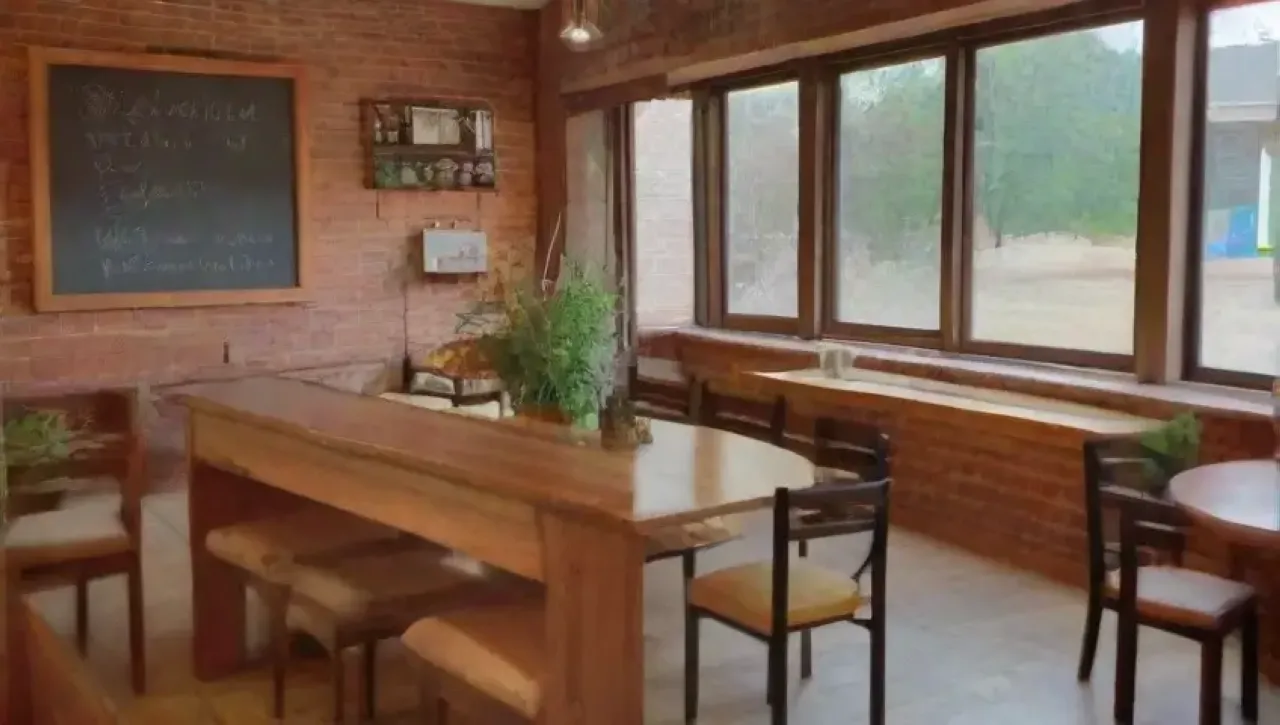 Un acogedor restaurante con mesas de madera, iluminación suave, arte colorido y un ambiente familiar