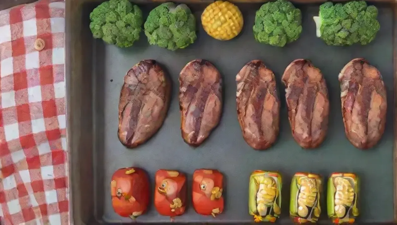 Una escena vibrante de barbacoa con amigos, deliciosa comida y risas bajo el sol