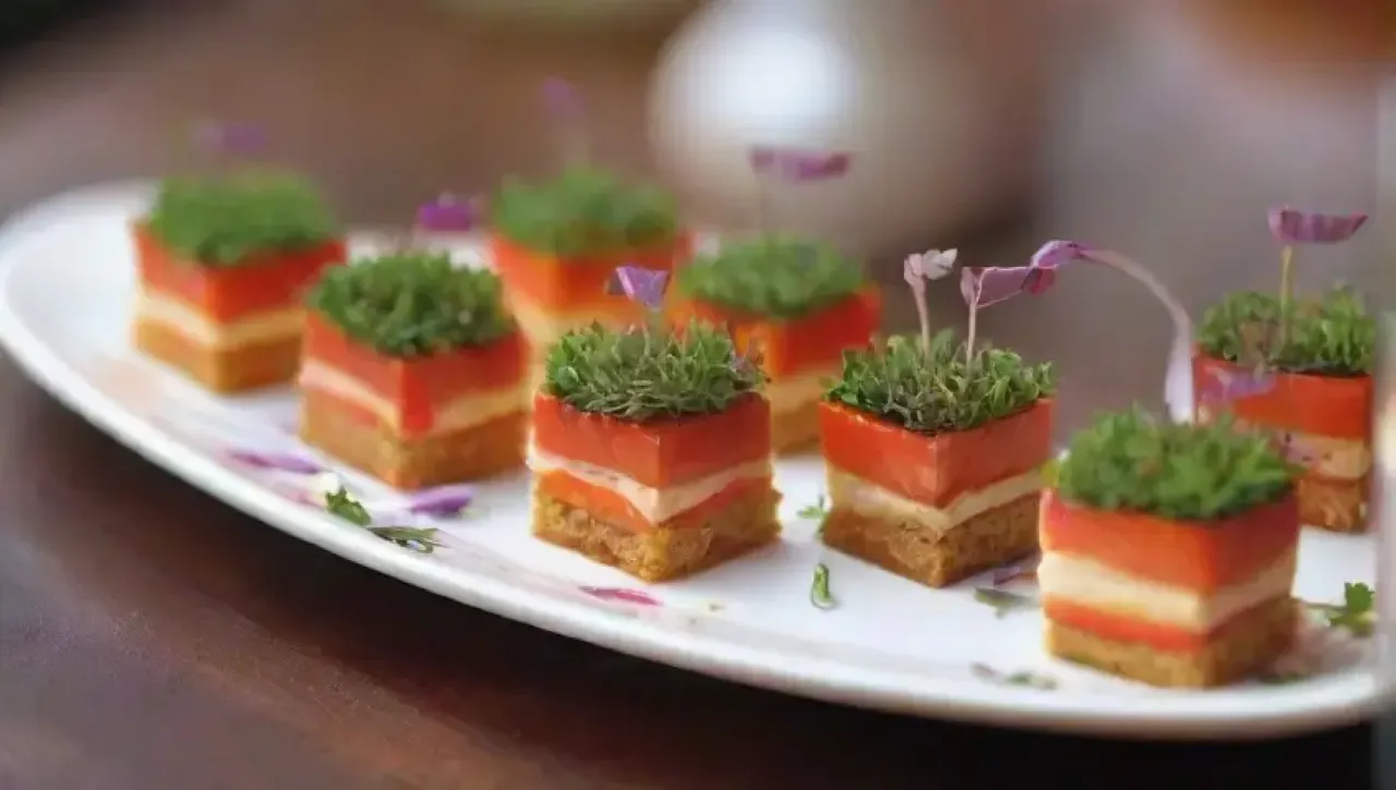 Canapés vibrantes y elegantes decoran un plato blanco, creando una experiencia visual y aromática cautivadora