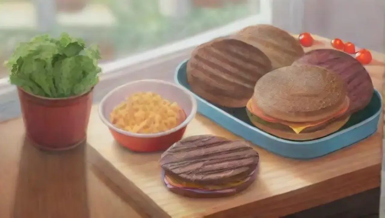 Una escena vibrante de cocina con ingredientes frescos y un delicioso burger a punto de ser ensamblado