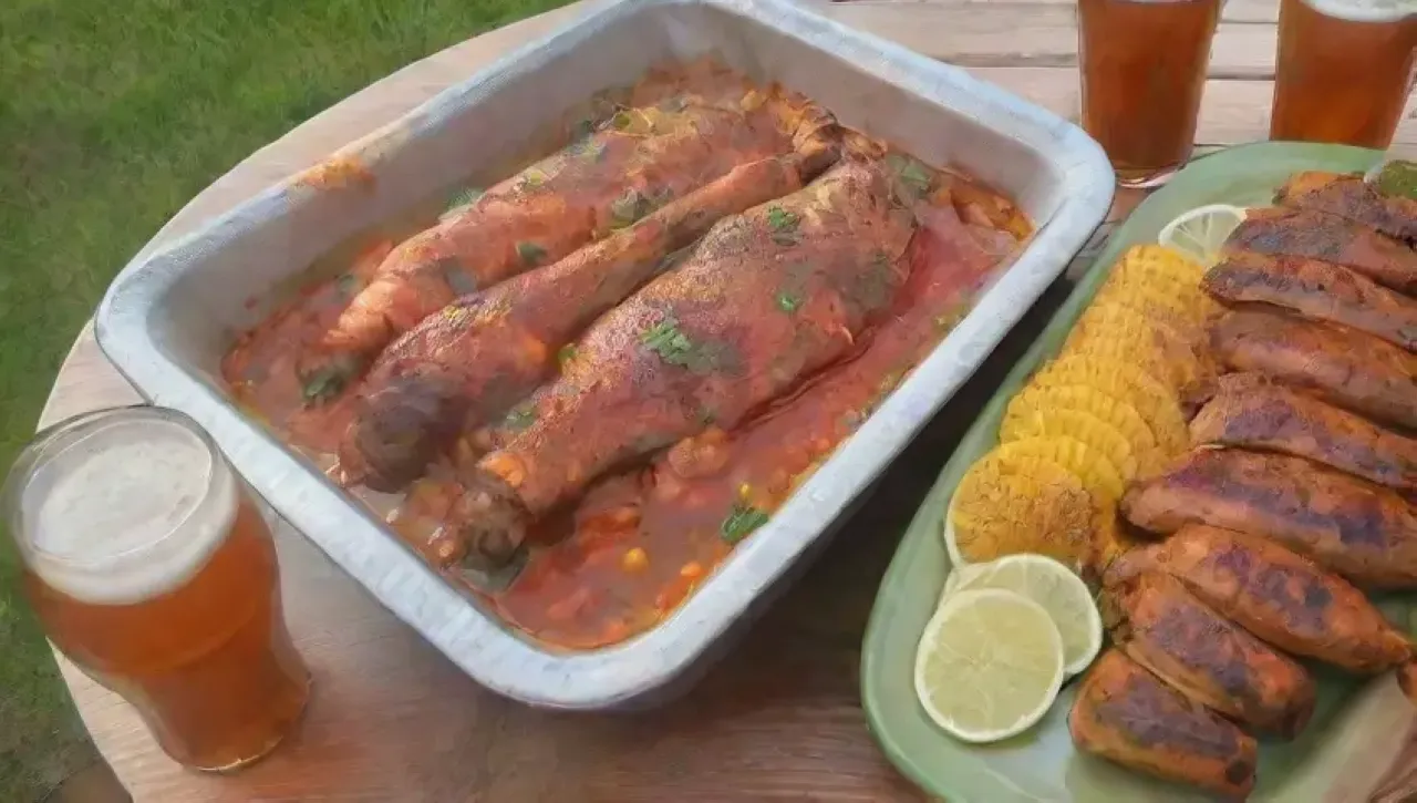 Una mesa rústica con pollo marinado, cerveza fría y un ambiente acogedor al atardecer