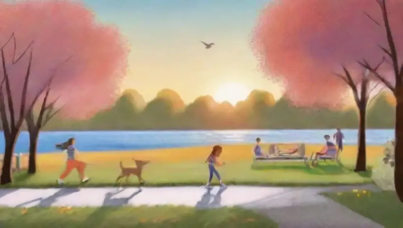 Atardecer vibrante en un parque con personas corriendo, risas, naturaleza y tranquilidad