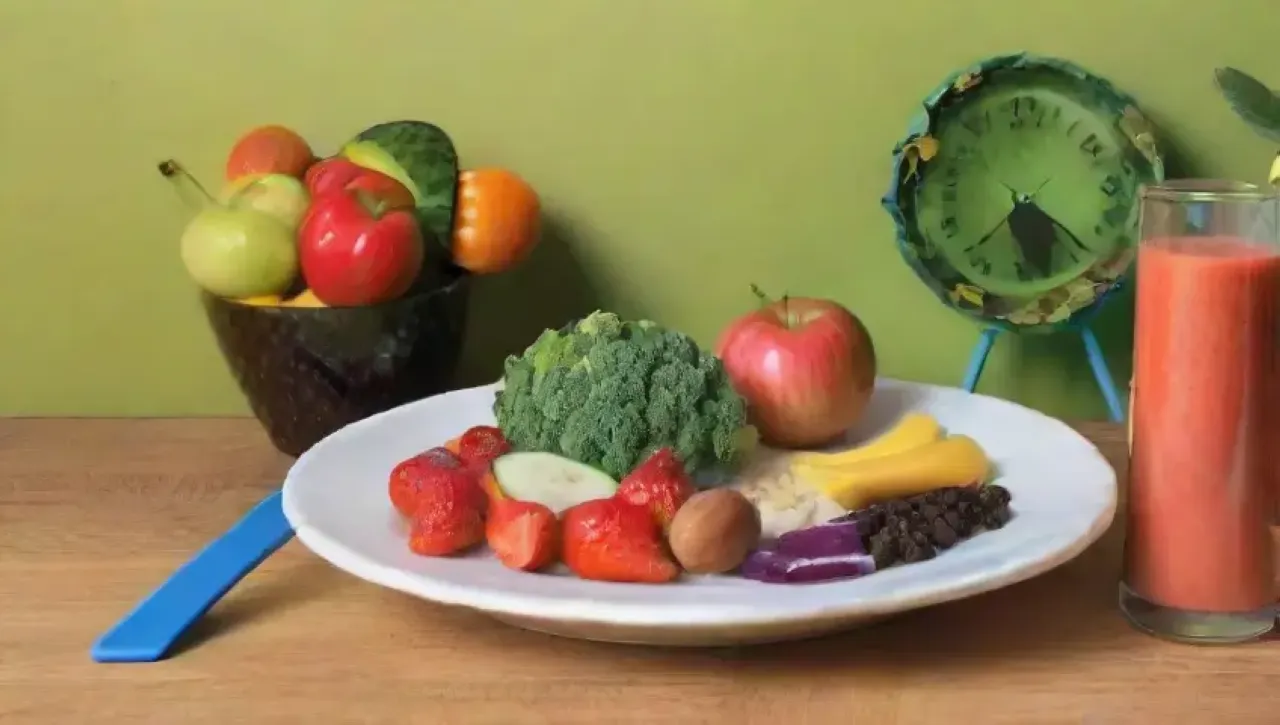 Colores vibrantes, frutas frescas, meditación, comida balanceada, salud y bienestar