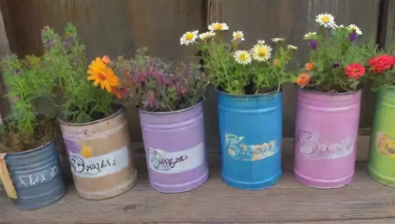Latas pintadas y decoradas con flores y luces crean un ambiente acogedor y creativo