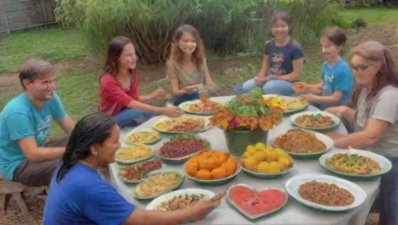Un entorno vibrante y comunitario que celebra la comida vegana y la educación sobre la sostenibilidad