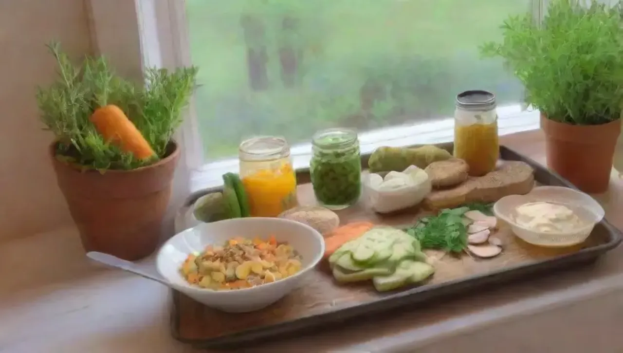 Una cocina serena y acogedora llena de frutas, verduras y elementos saludables