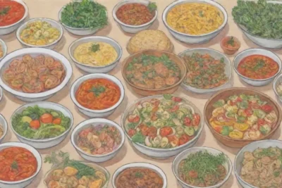 Platos coloridos y diversos con preparación rápida y sabrosas hierbas