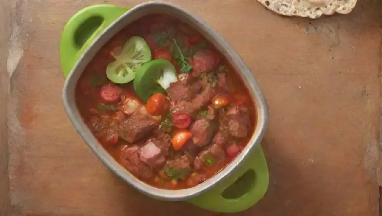 Un guiso de carne con pimientos, tomates y especias, servido en un ambiente familiar acogedor