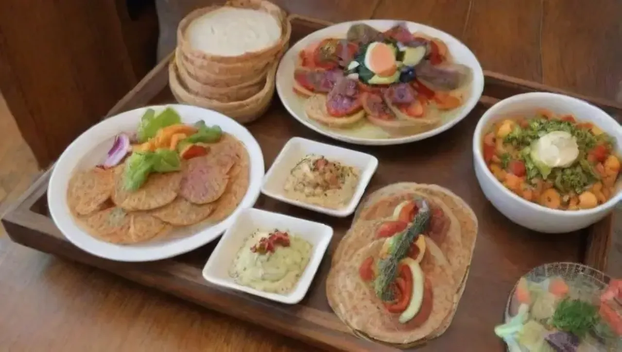 Una mesa rústica y acogedora llena de coloridos platos y deliciosos aperitivos