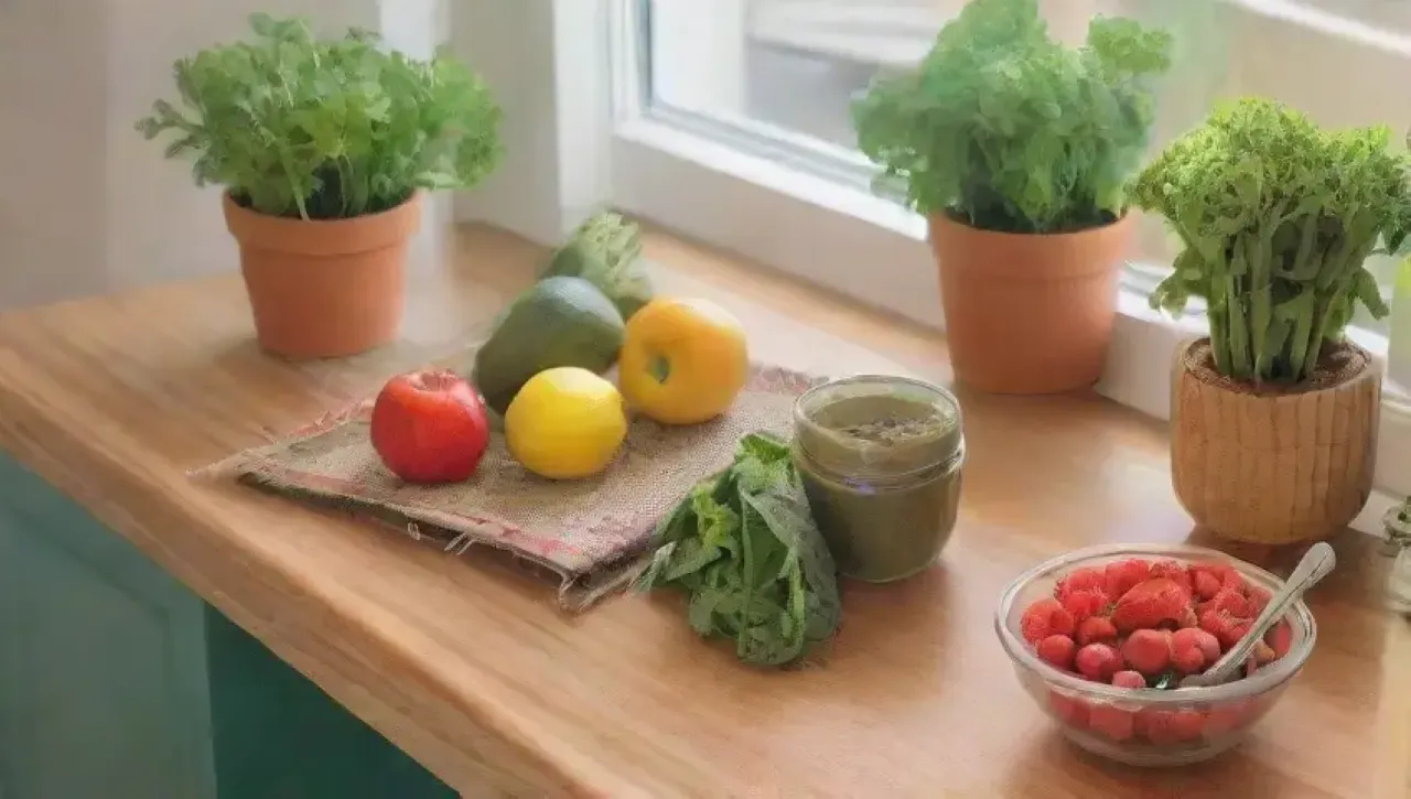 Una cocina vibrante y acogedora llena de ingredientes frescos, recetas veganas y una familia disfrutando juntos