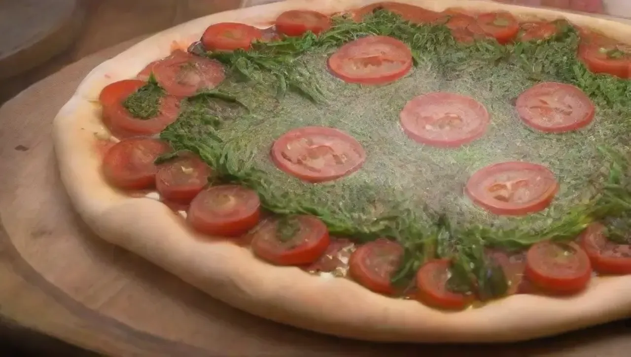 Una cocina rústica con una pizza humeante, ingredientes frescos y un ambiente acogedor