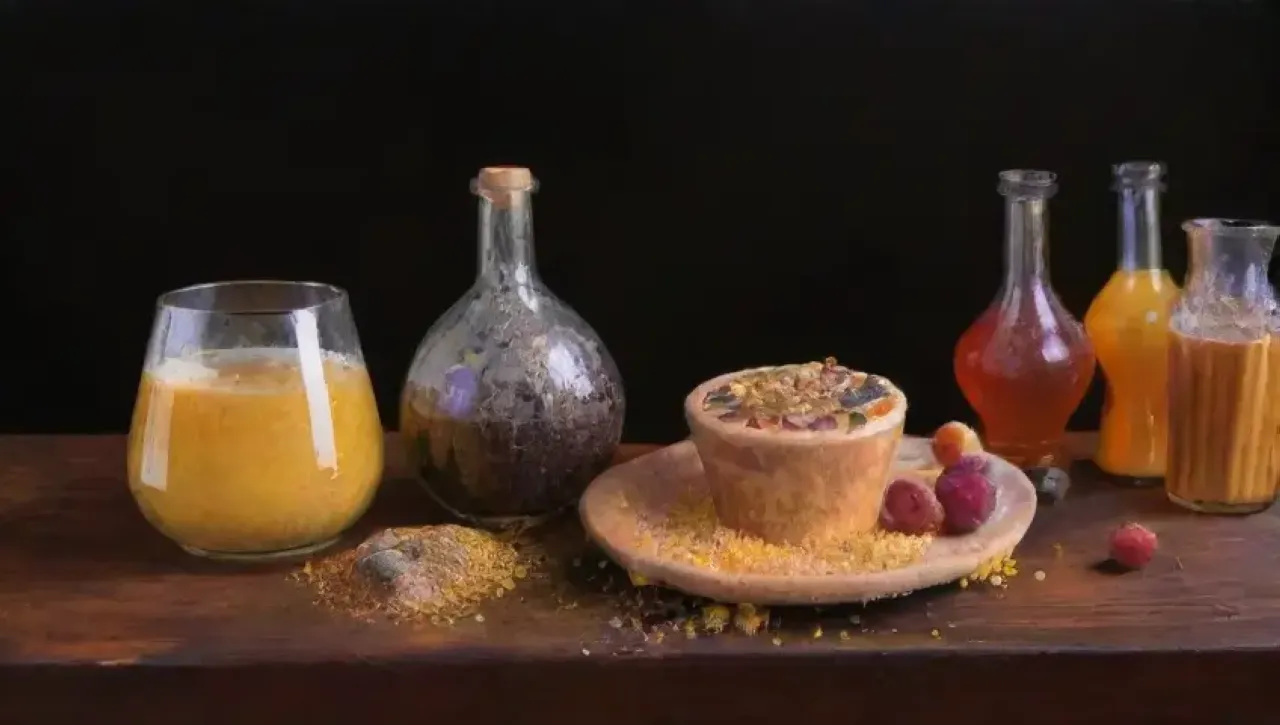 Colores vibrantes y burbujas danzan en un líquido dorado, reflejando la esencia de la transformación