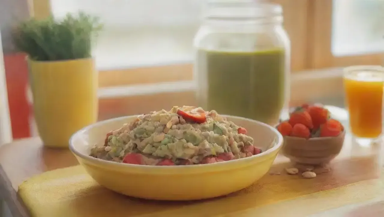 Cocina luminosa y colorida con un desayuno fresco y energético