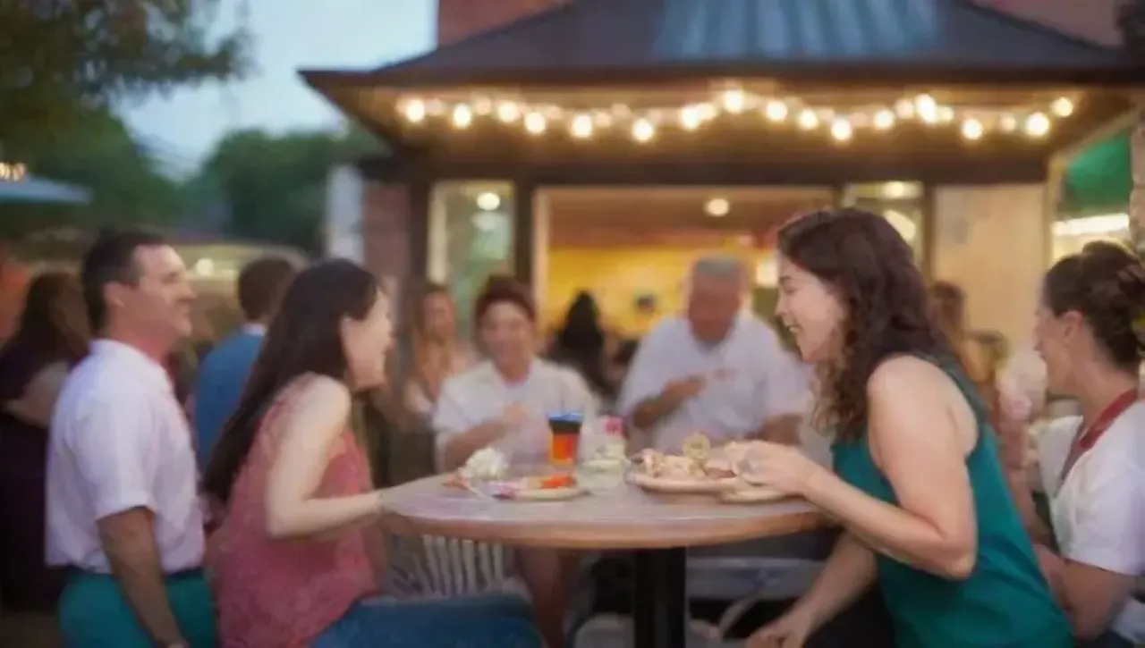 Un restaurante vibrante con comida deliciosa, risas, reseñas brillantes y un ambiente acogedor