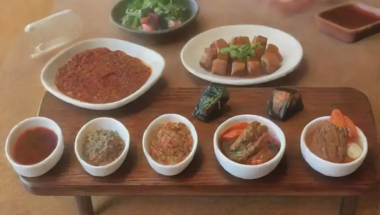 Una escena de cocina vibrante con salsa de soja, verduras salteadas, sushi colorido y un ambiente acogedor