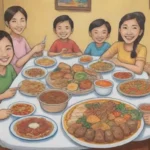 Encuentro familiar con coloridos platillos filipinos y risas compartidas