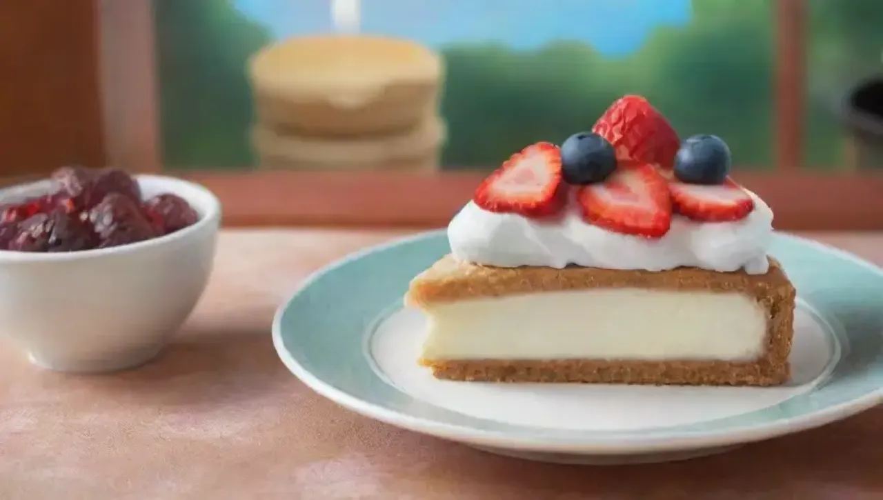 Un ambiente acogedor de cocina con cheesecake, frutas, luz solar y risas