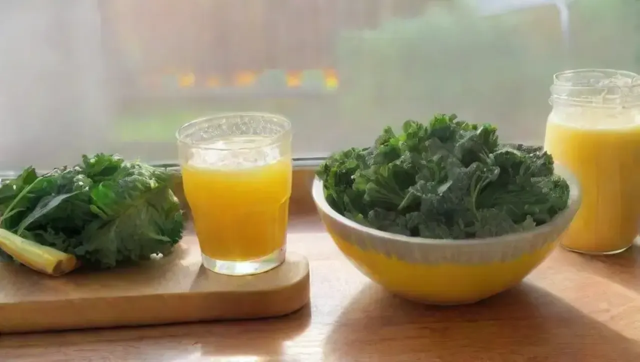 Un vibrante batido de kale y piña en una cocina rústica y soleada