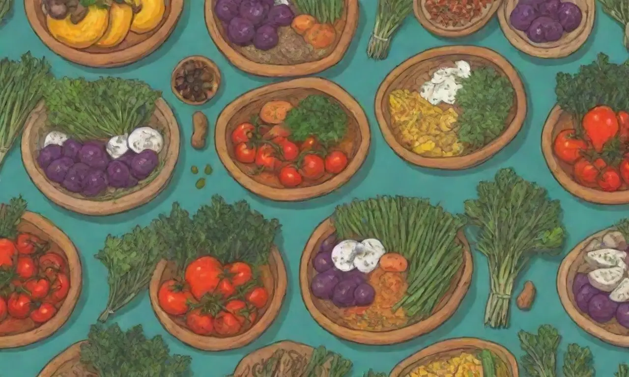 Verduras coloridas y especias mediterráneas en platos saludables e inspirados en la cocina israelí
