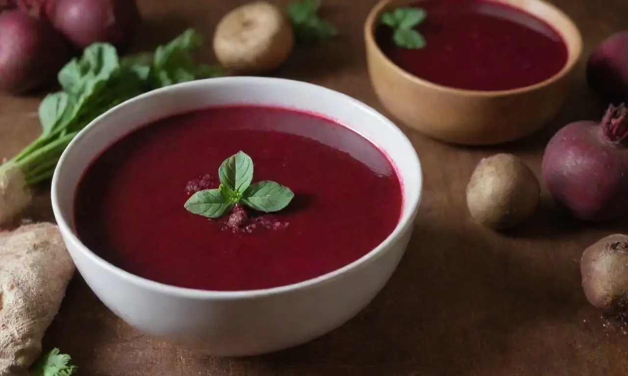 Sopa roja vibrante de remolachas frescas en una mesa rústica