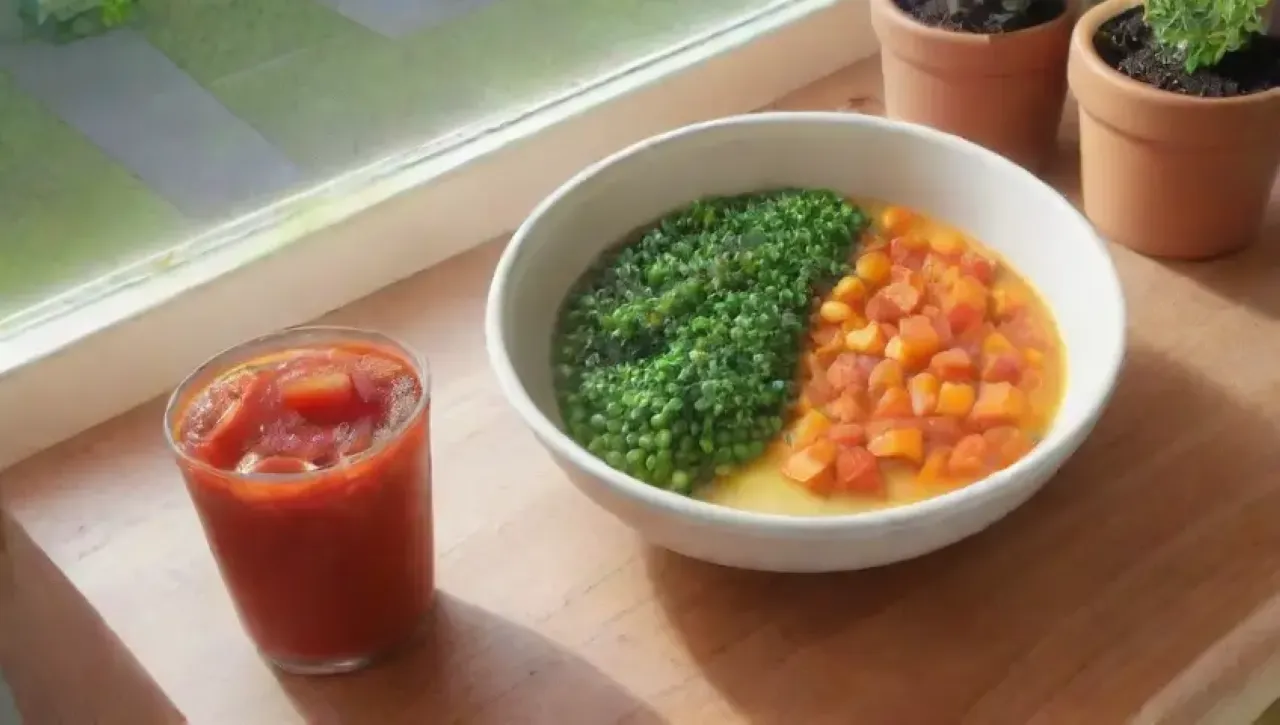Una colorida y acogedora sopa de verduras frescas en un rústico ambiente de cocina