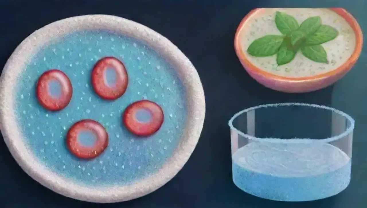 Un fondo azul suave con gotas de agua, cristales de azúcar, ilustraciones de bacterias, un microscopio, un plato de Petri y un diagrama celular, todo en armonía
