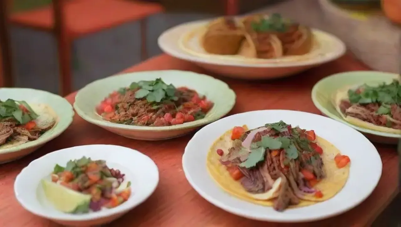 Una mesa vibrante y elegante con mini tacos, duck crujiente, salsa colorida y un ambiente cálido y acogedor