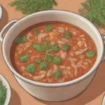 Especias brillantes y hierbas frescas en un caldo sabroso listo para disfrutar