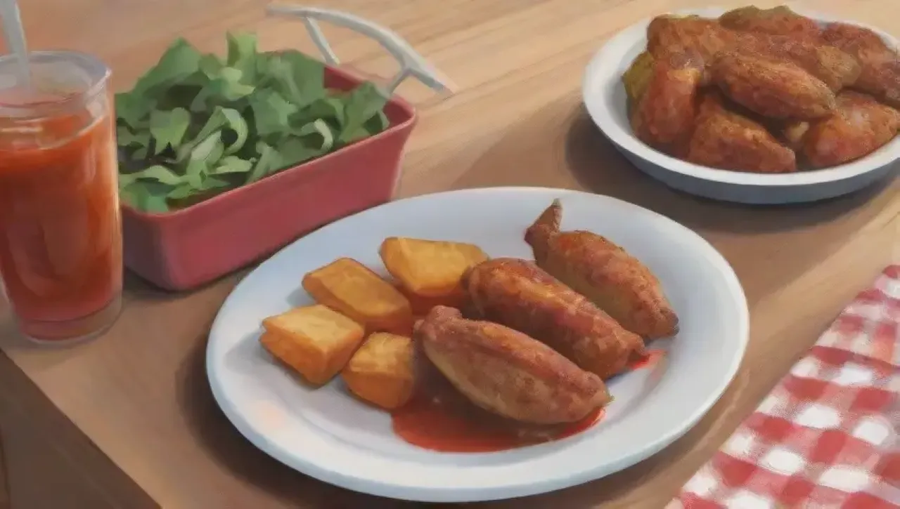 Una escena vibrante de cocina familiar en un día de verano, con alas de pollo a la parrilla y risas en el aire