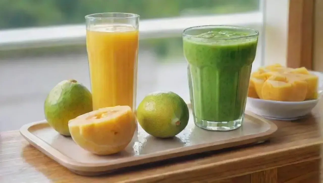 Un refrescante batido de frutas vibrantes en una cocina alegre