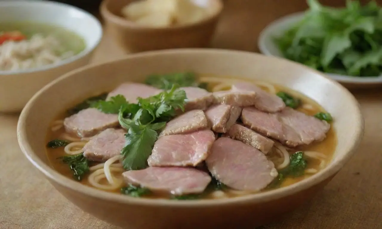 Ingredientes principales de Cao Lầu: fideos, cerdo, verduras, hierbas, caldo y galletas de arroz crujientes