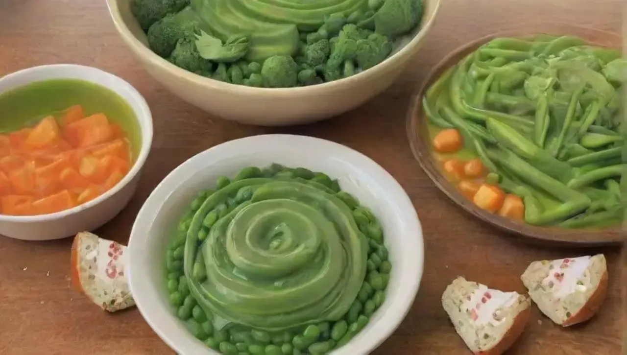 Una mesa rústica llena de vibrantes verduras y deliciosos platos en un ambiente acogedor