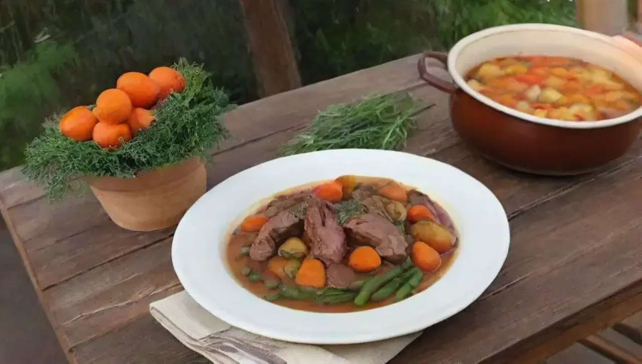 Un festín acogedor de cordero, verduras frescas y pan crujiente en un ambiente cálido y festivo