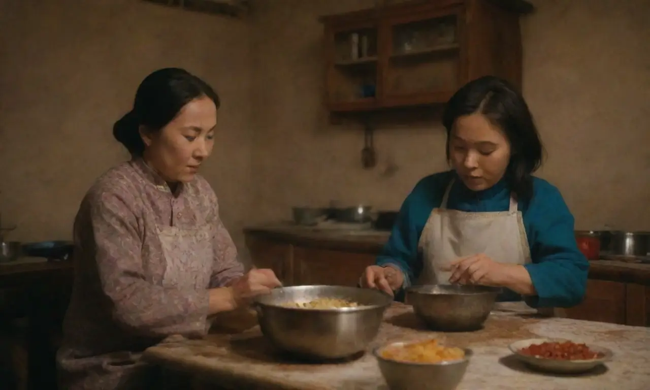 Cocina kazaja con colores cálidos y ambiente nostálgico