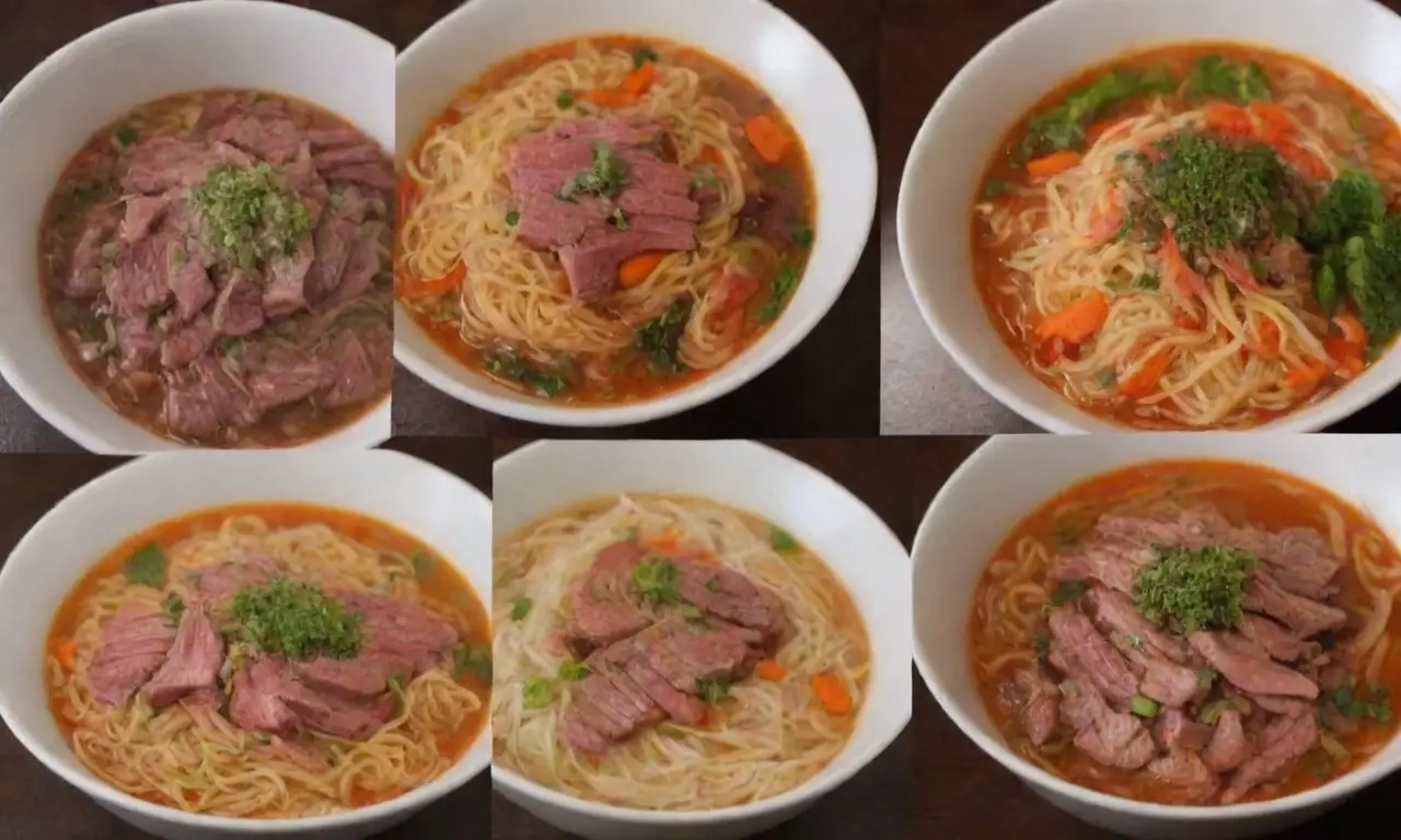 Fideos coloridos con verduras frescas, carne tierna y caldo sabroso