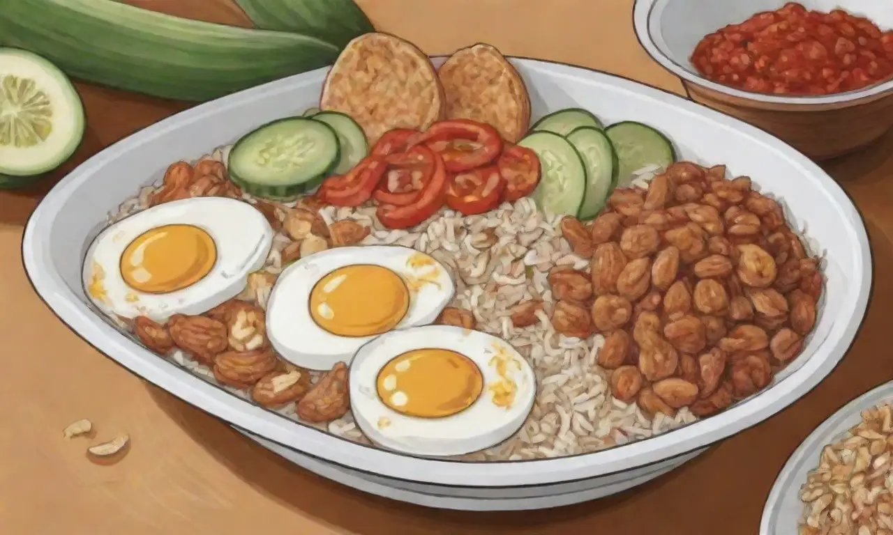 Arroz fragante con leche de coco, sambal picante, anchos crujientes, nueces asadas, pepino fresco y huevos duros