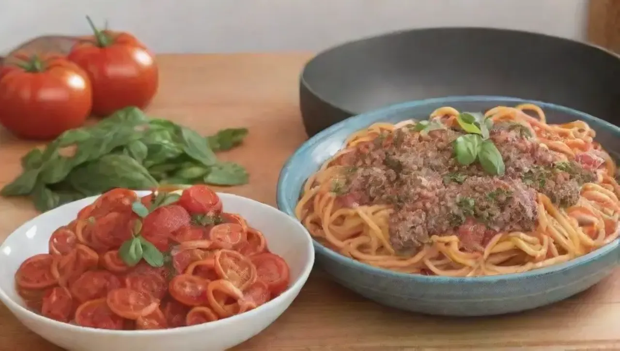 Una escena vibrante en la cocina con pasta colorida, ingredientes frescos y una familia riendo alrededor de la mesa