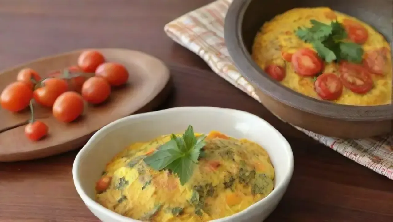 Desayuno colorido y acogedor con omelet amarillo, pollo, especias, tomates y café